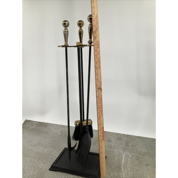 Mid-Century Modern Brass and Iron Fireplace Tool Set 3 Piece w/ stand USA - Picture 8 of 12